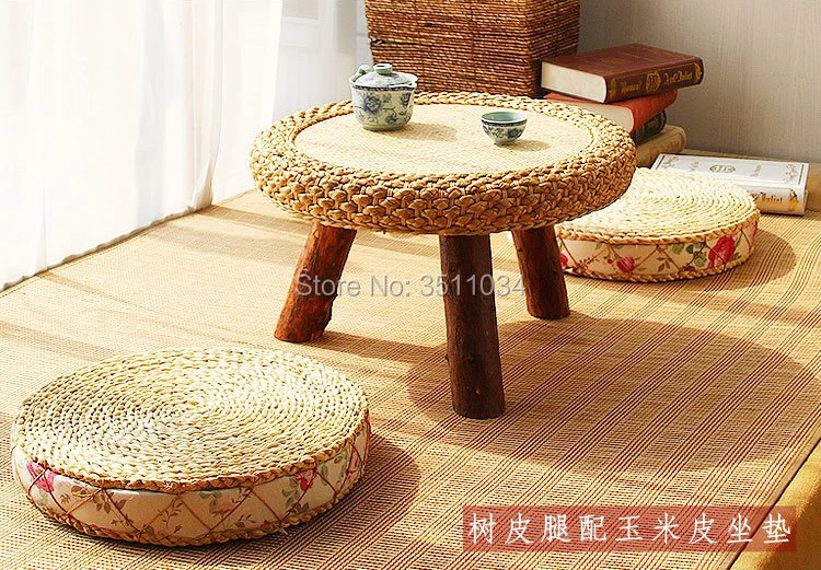 Asia Japanese Antique Rattan Round Table Traditional Asian Furniture for balcony Living Room Low Floor Coffee Table Wooden