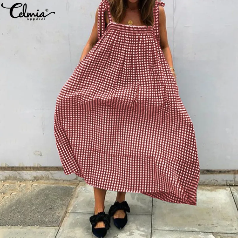 

Bohemian Women Maxi Dress Celmia 2019 Summer Sexy Straps Loose Sleeveless Dot Print Dresses Beach Party Long Vestidos Plus Size