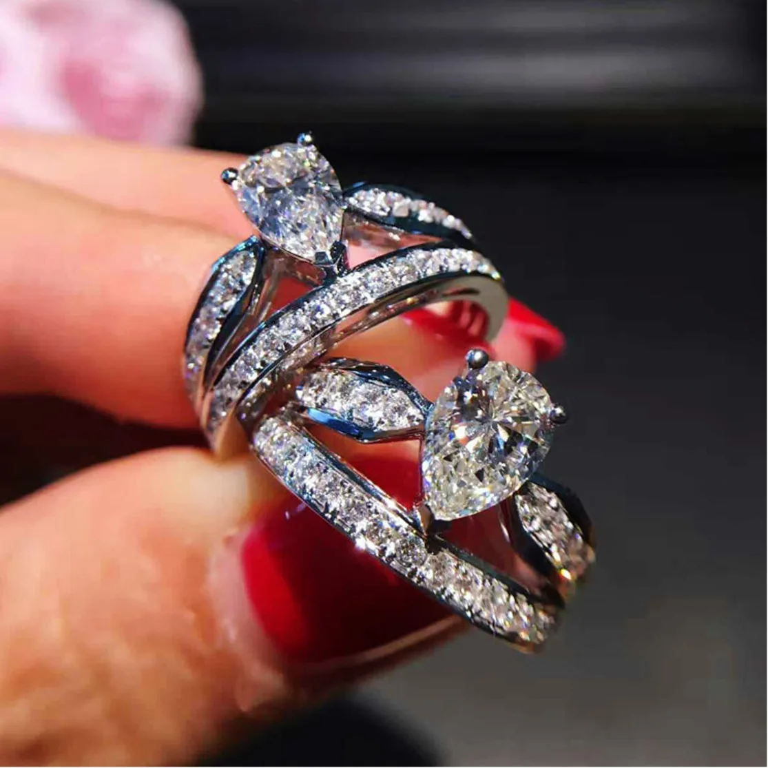 

Crystal Rhinestone White Ring Drip Micro Inlay Double-deck Princess Crown Wedding Rings For Women Anillos Mujer Bague Femme