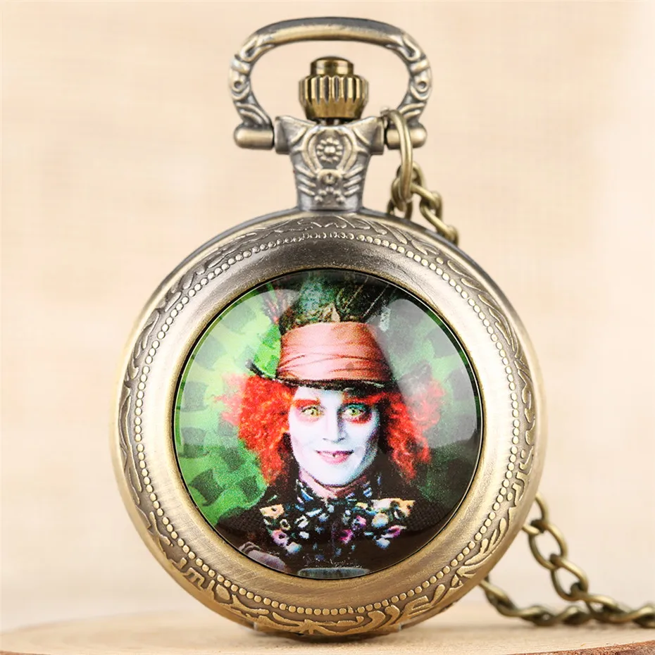 

Alice in Wonderland Mad Hatter Quartz Pocket Watch Black/Silver/Bronze Necklace Pendant Clock Gifts for Men Women Children