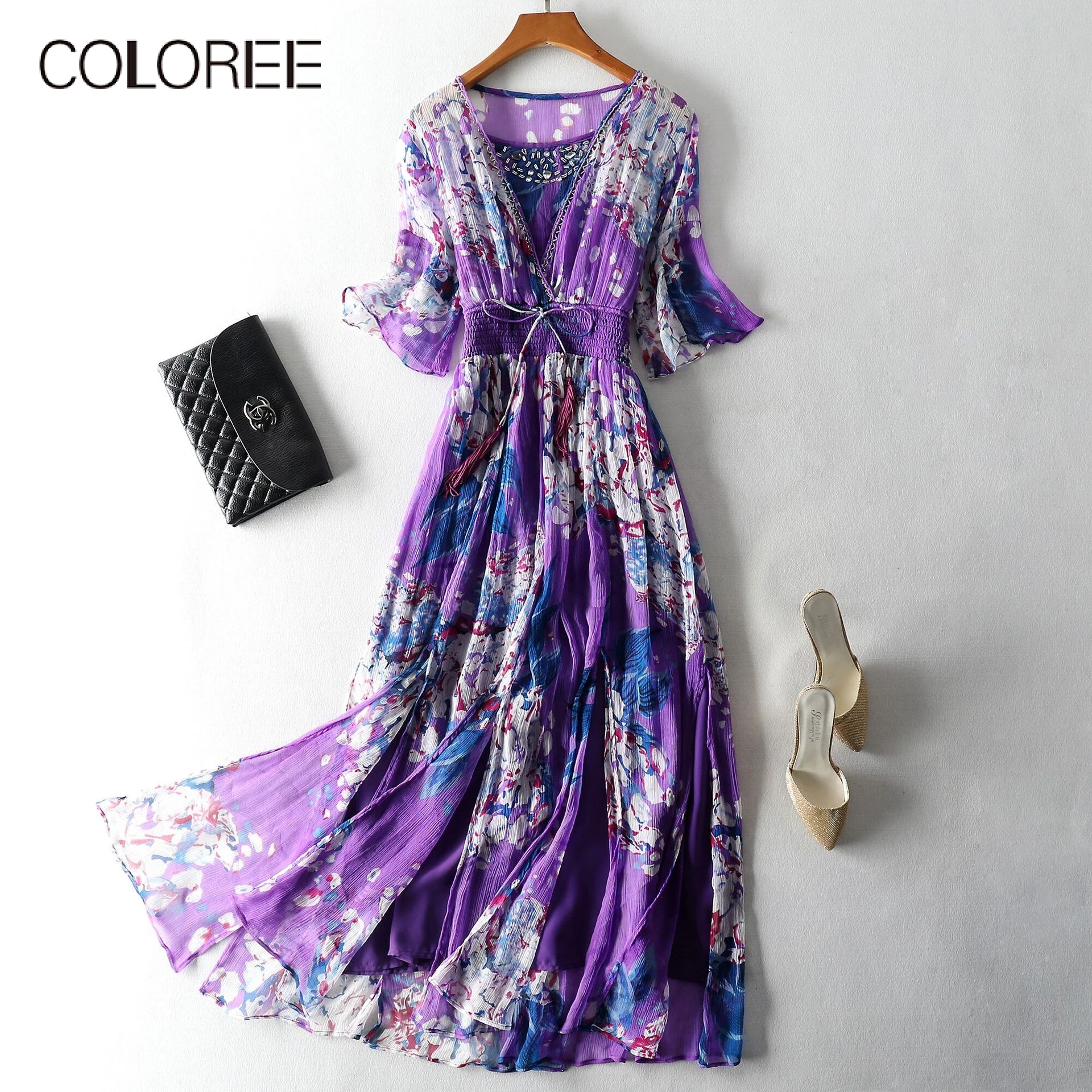 

High Grade Dress 2019 Newest Summer Purple Elegant Silk Dress Women V-Neck Sexy Holiday Beach Bohemian Dress Vestidos