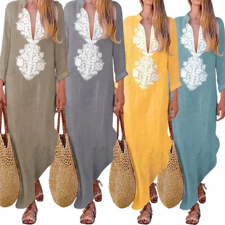 Женские хлопок белье Платье макси с длинным рукавом повседневное Boho кафтан