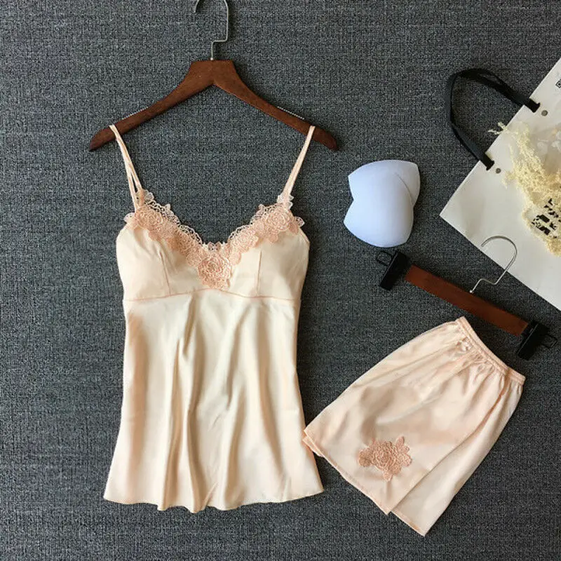 

Lingerie Women Satin Two Piece Set Padded Sleepwear Sleeveless V Neck Lace Nightwear Pajamas Sets Summer
