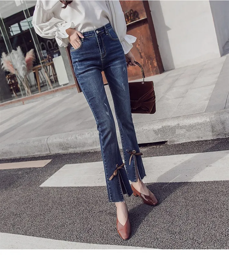 

2019 Women High Waist Slim Elasticity Jean Summer Casual Ankle-Length Flare Pants Fashion Denim Bow Trousers