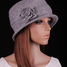 M572 модная женская шерстяная серая шапка с цветочным узором, с завитыми полями, зимняя шапка, Дерби, бини, церковные вечерние шапки