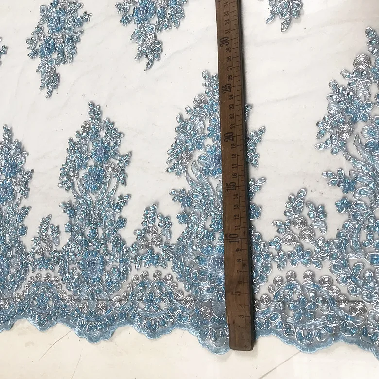 

Heavy Beaded Sequined Lace Fabric Light Blue Mesh Fabric For Wedding Dance Dress Costume DIY Material For Curtain Dress Skirts