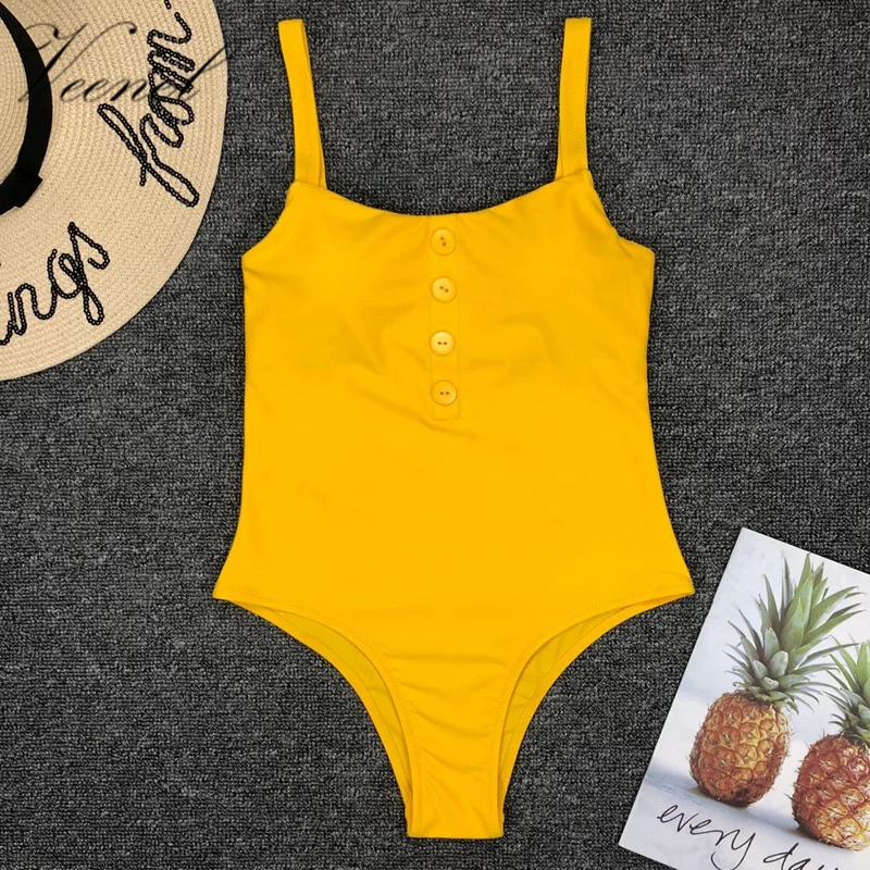 VEENEL Yellow Button Printed Summer Sexy Swimsuit Push Up Swimwear Women Bodysuit Bandage Beach