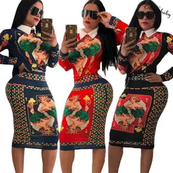 

Ladies Casual Printed Bodycon Top and Skirt Set 2 Pieces Women Autumn Long Sleeve Shirt and Skirts