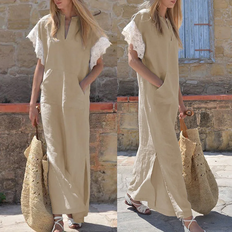 

Summer Womens Plain Dress Short Sleeve Casaul Cotton Linen Maxi Kaftan Dresses
