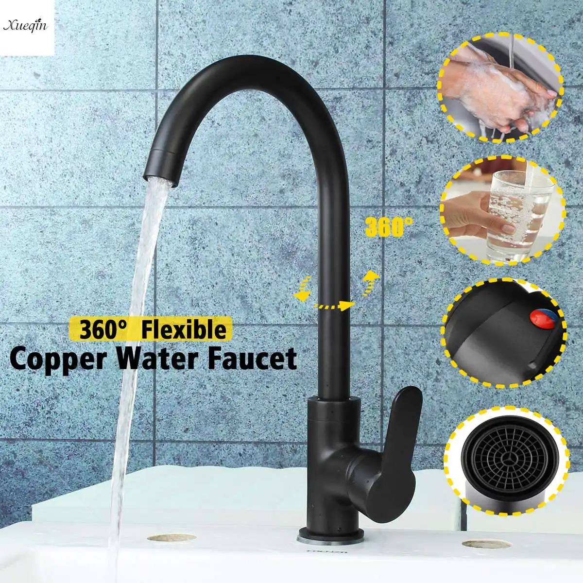 

Black Copper Bathroom Basin Faucet 360 Rotatable Kitchen Sink Hot And Cold Single Handle Faucet Spout Mixer Tap Deck Mounted