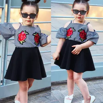 

Casual 2Pcs Toddler Baby Kids Girls Clothes Plaid Rose Flower Tops A-line Tutu Skirt Dress Summer Outfits Set 1-6T