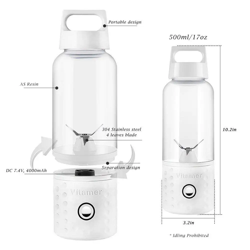  Portable Blender Smoothie Blender USB Juicer Cup 17oz Fruit Mixing Machine with 4000mAh Rechargeabl