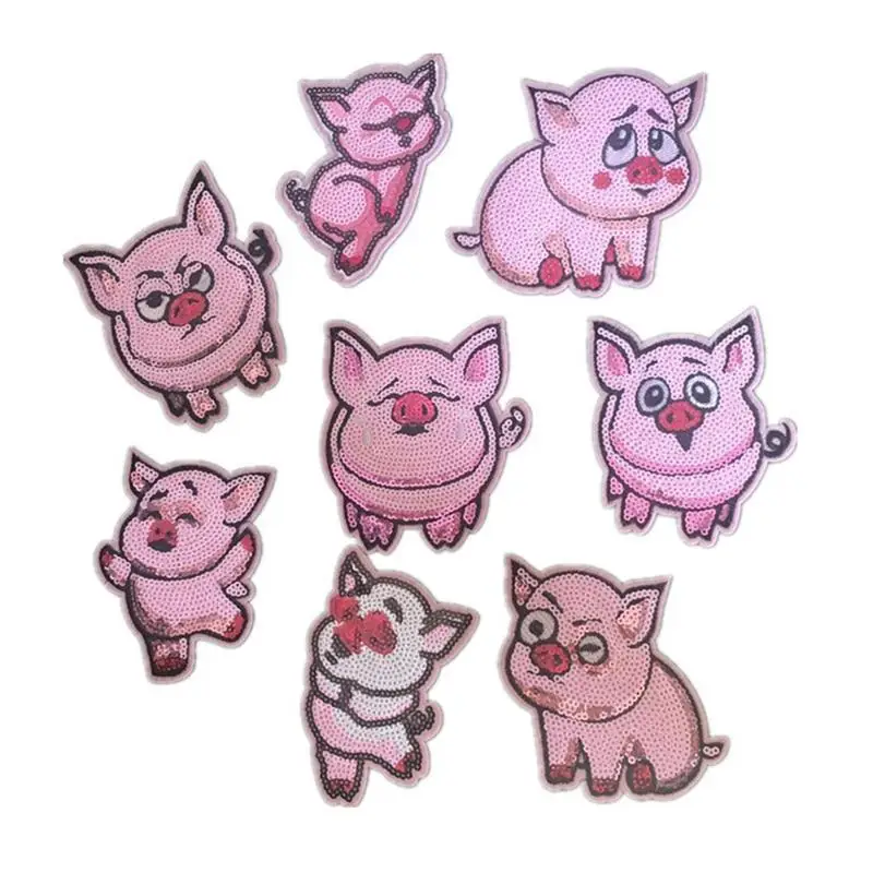 

Technology Embroidered Cloth Stickers Pig Year Mascot Cute Cartoon Animal Funny Expression With Beads Sequins Cloth Stickers