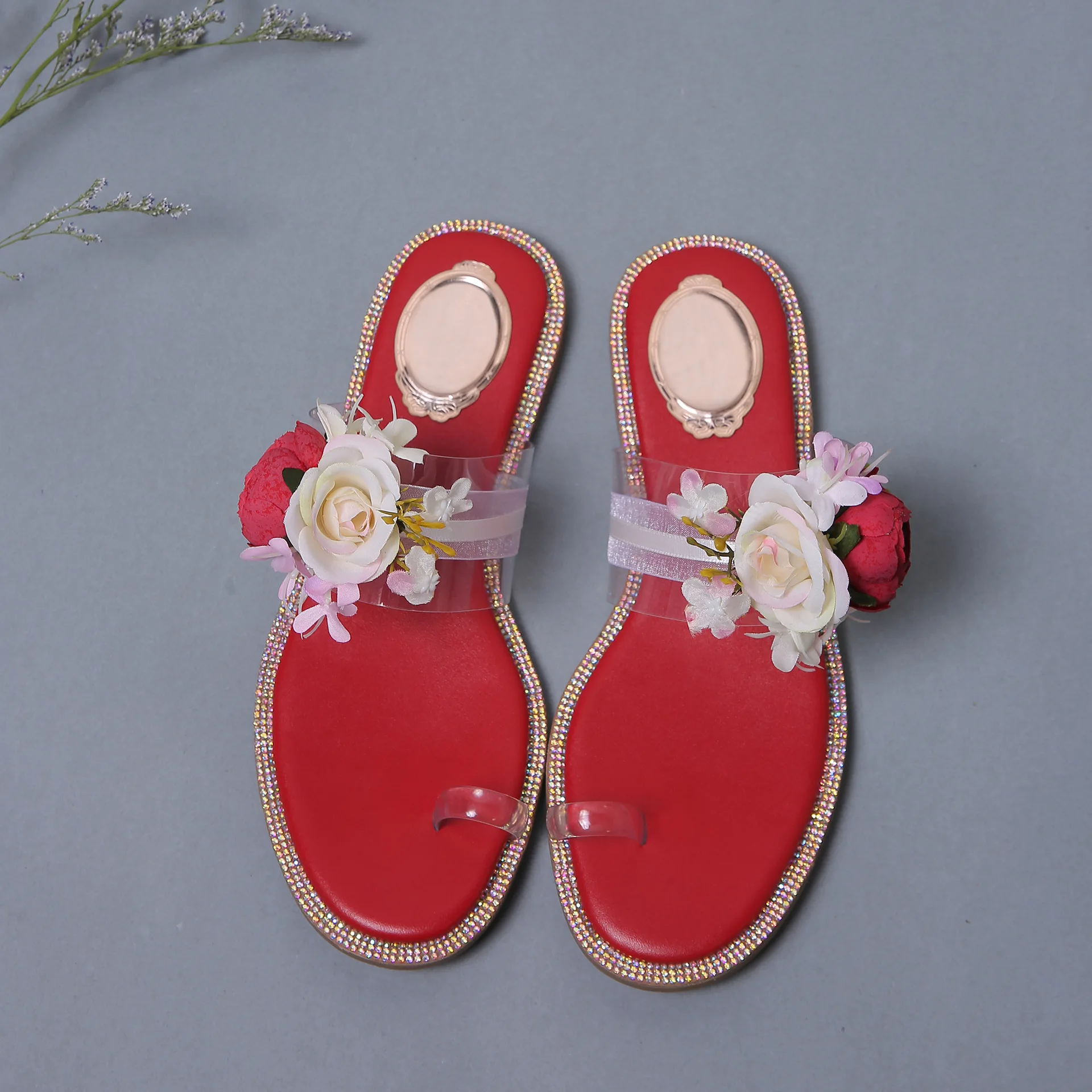 

Fashion Flower Narrow Band Spring Summer Ladies Shoe Solid Color Red Pink New Sweet Girl Shoes Woman Slides Rome Style