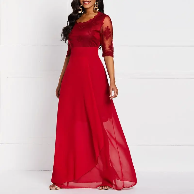 

New Lace Long Dress Women Brand Fashion Sexy Evening High Waist Summer Mesh Big Swing Robe Ladies Red Party Elegant Maxi Dresses