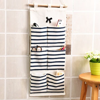 

Multi-pockets Striped Wall Hanging Linen Cotton Storage Bag Bathroom Shelf Pouch E2S