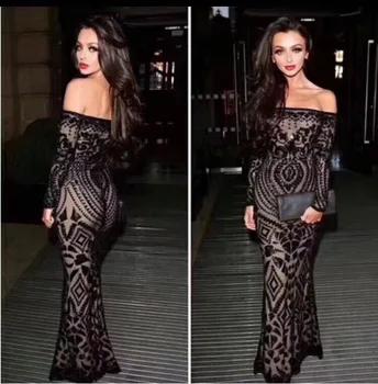 

3 Colors High Quality Black Off The Shoulder Long Sleeve Trumpet Long Dress Evening Party Bodycon Dress