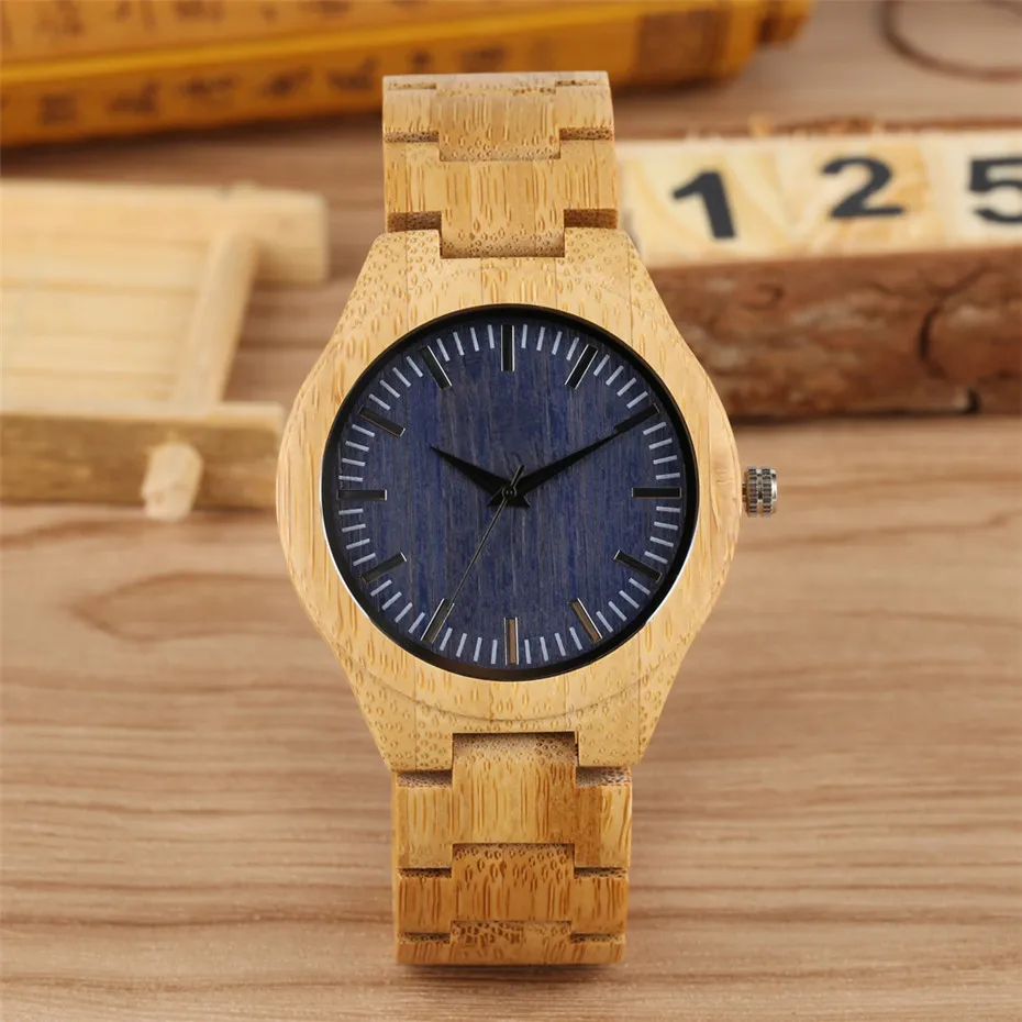 

Pure Wooden Mens Watch Quartz Fashion Blue Simple Dial Handmade Wood Watchband Bracelet Clasp Ultra-light Man Clock reloj