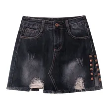 Женская летняя черная однотонная Повседневный рваный прямые джинсовые юбки со средней талией с завышенными уличными карманами и пуговицами, Универсальная джинсовая юбка