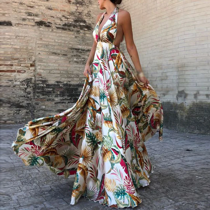 

Womens Deep V-neck Backless Evening Party Prom Gown Boho Floral Long Maxi Dress