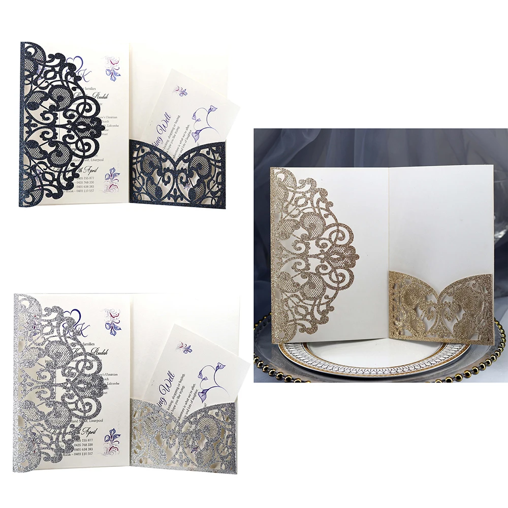  10Pcs Pearl PaperLaser Cut Invitations Cards Kits pearl paperfor Wedding Bridal Engagement Shower B - 32992206349
