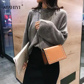 

Vintage Rivet Shoulder Messenger Handbags Simple Women Chain Crossbody Casual PU Leather Small Satchel Bags Bolso femenino 2019