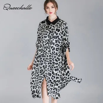 

Coffee Gray Leopard Print Chiffon Dress Spring Women's Turn-down Collar Casual Shirt Dress Female Long Sleeve Split Loose Dress