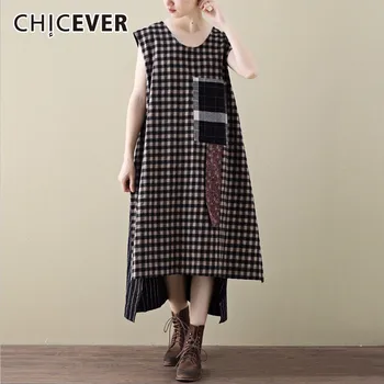 

CHICEVER Plaid Dresses For Women Loose Oversize O neck Sleeveless Hem Asymmetrical Big Pockets Summer Dress Female Fashion New