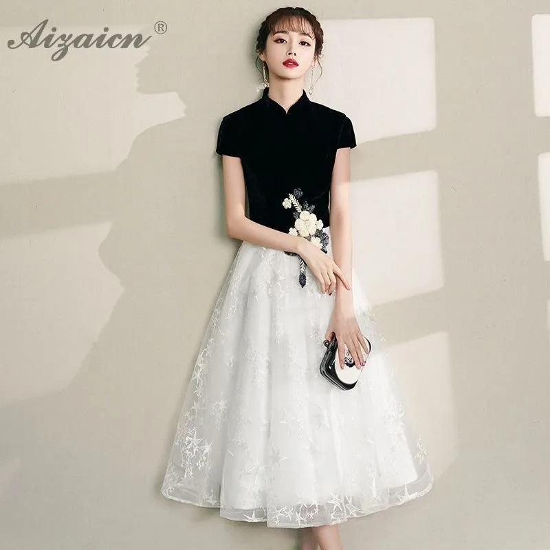 

Black White Stitching Fashion Cheongsam Chinese Traditional Wedding Evening Dress Long Qipao Modern Women Sexy Party Dresses