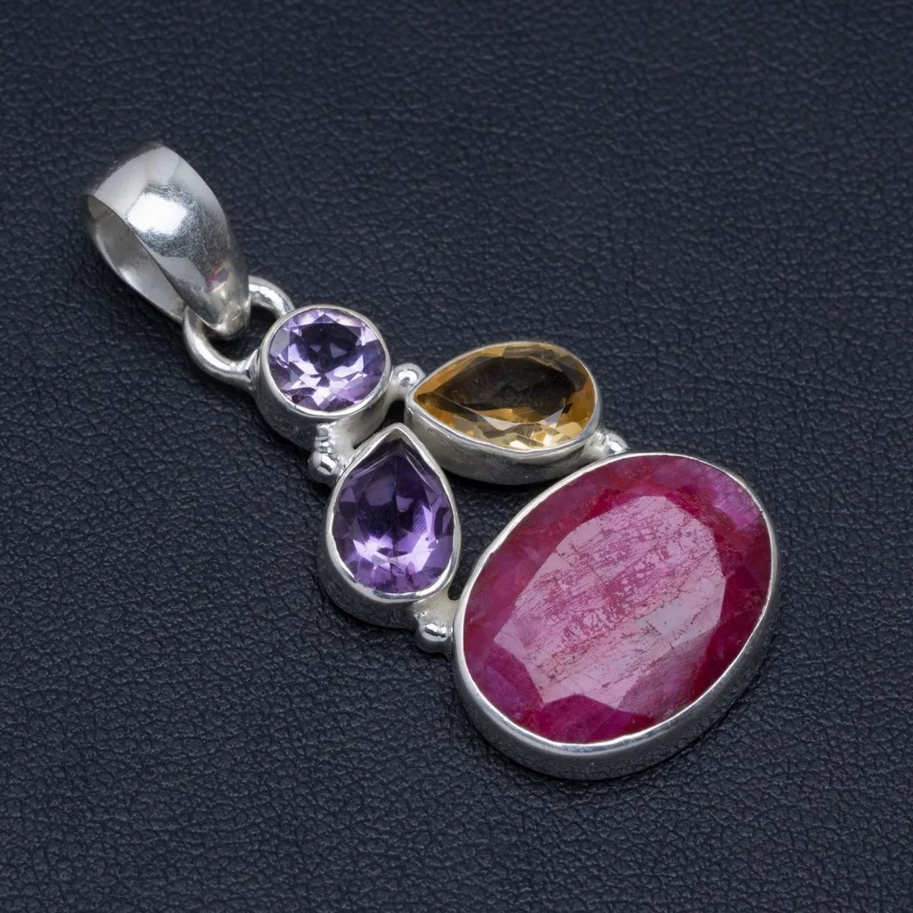 

Natural Cherry Ruby,Amethyst and Citrine Handmade Unique 925 Sterling Silver Pendant 1.75" A4863