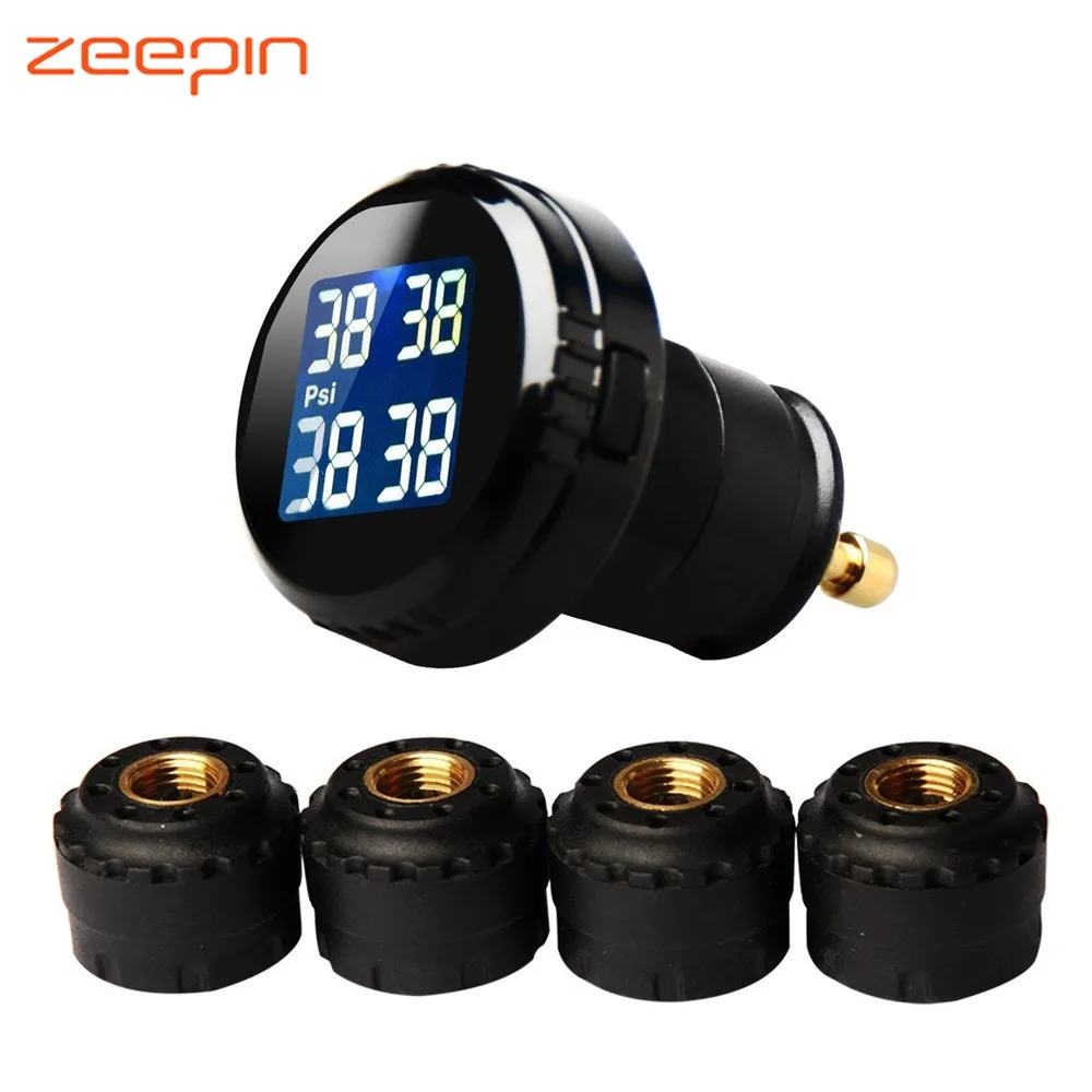 

Zeepin TPMS Tire Pressure Monitoring System Wireless Real-Time Display Cigarette Lighter Plug with 4 External Sensors