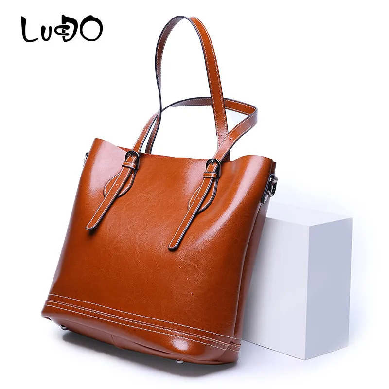 

LUCDO Luxury Genuine Leather Handbags Women Bags Designer Casual Real Cow Leather Totes Bag Ladies High Quality Shoulder Bag Sac