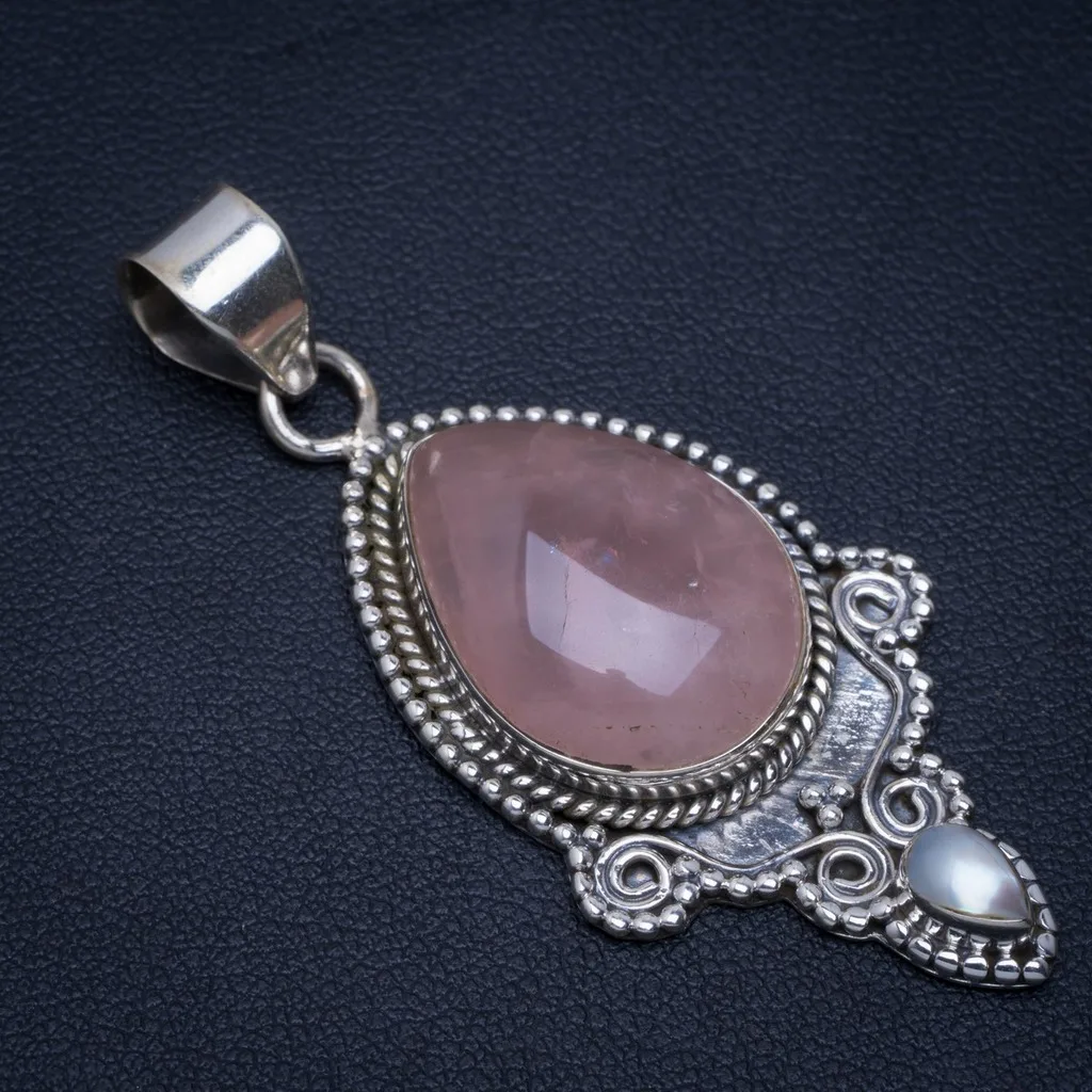 

Natural Rose Quartz and River Pearl Handmade Unique 925 Sterling Silver Pendant 2" A4646