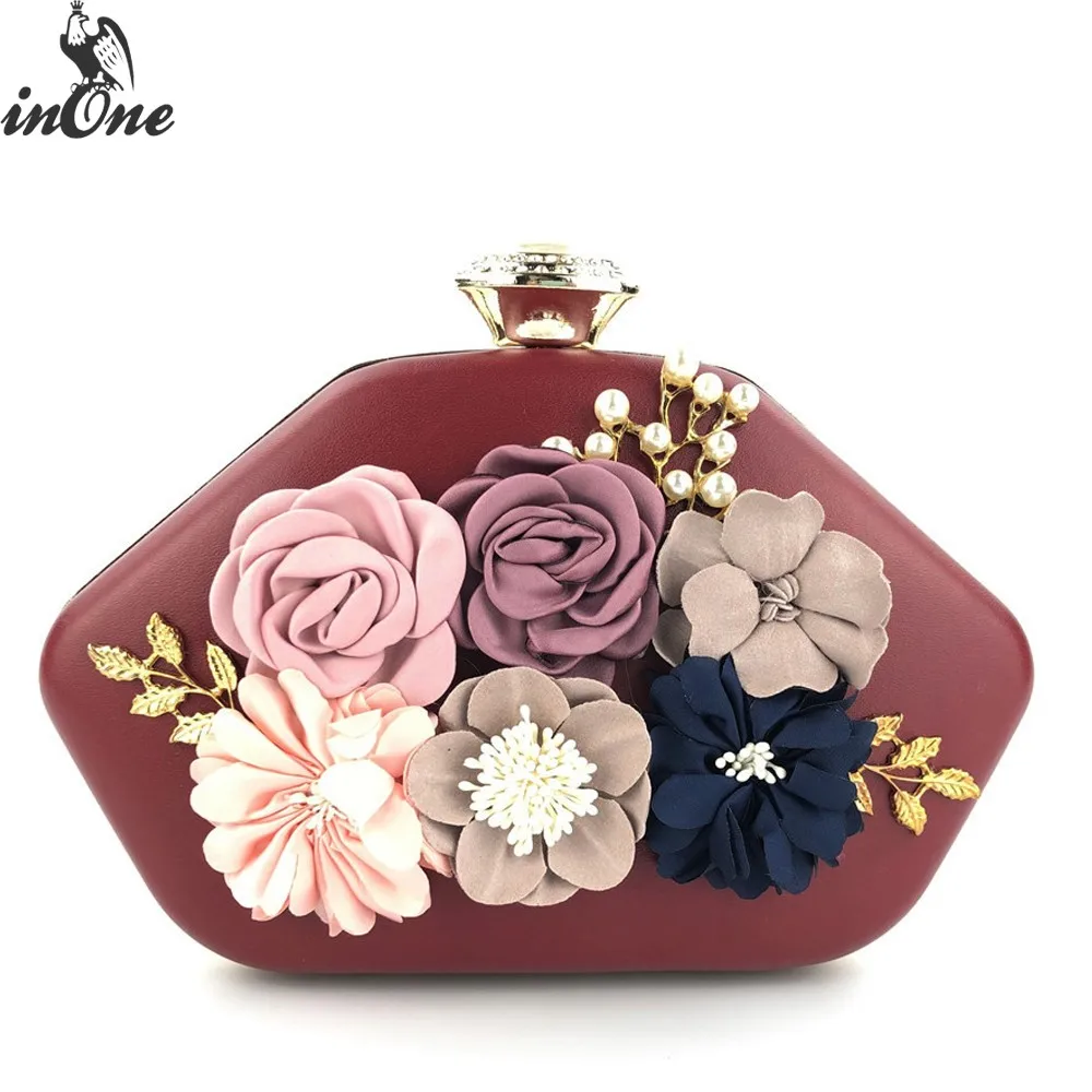

INONE Hexagonal 3D Flowers Evening Purses Pu Leather Clutches Box Shoulder Crossbody Bags for Women 2019 Handbag Hard Case Bag