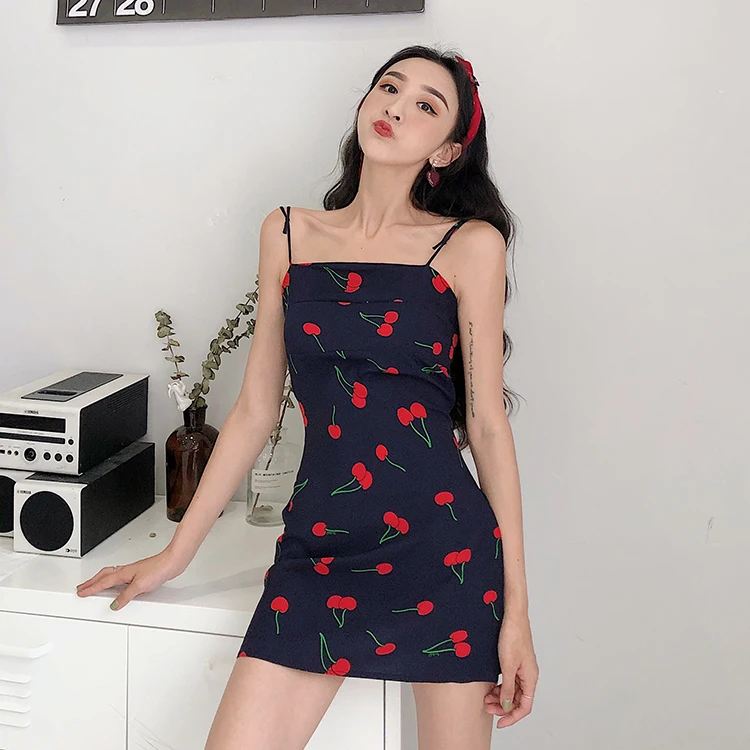 

Women's Clothing fashion brand New summer trend Cherry print sheath temperament sexy spaghetti strap shoulder Package hip dress