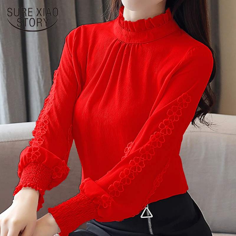 Модные осенние однотонные кружевные рубашки с круглым вырезом,, блуза с длинным рукавом, женские корейские топы и блузки 7845 50