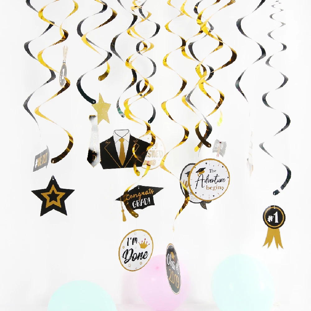 

30pcs/set Graduation Hing Swirl Party Decoration Congrats Grad Decor Prom Night Grad for 2019 Gold Black PVC Photo Supplies