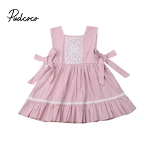 Фирменная Новинка От 1 до 5 лет Детские дети Летнее платье для маленьких девочек без рукавов с бантом кружева цветочные оборками платье до колена Розовый Сарафан