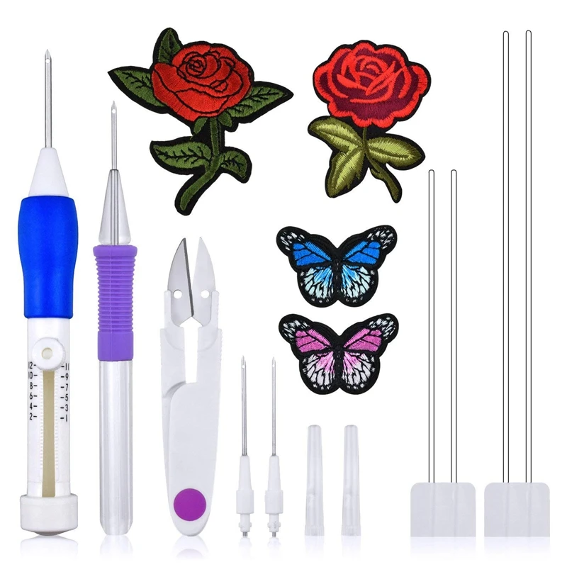 

4 Sized Magic Embroidery Pen Punch Needles Embroidery Stitching Punch Set with 1 Pieces Scissors and 4 Pieces Embroidered Patt