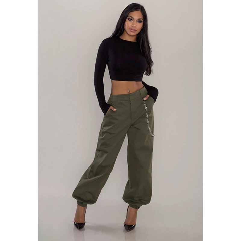 High Waist Black Cargo Pants Women Streetwear Elastic Zipper Pocket Bloom Pencil Pants Army Green Trousers Femme Casual No Chain