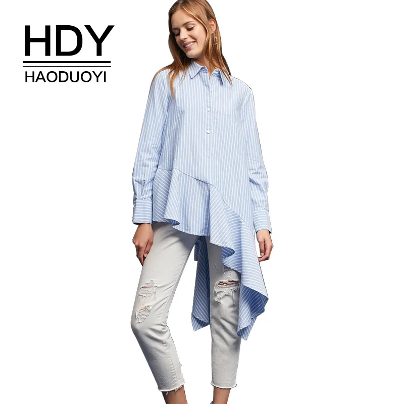 HDY Haoduoyi Женская Полосатая Высокая Низкая блузка рубашки для офиса с длинным