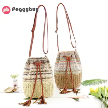 

New Drawstring Women's Straw Bucket Bag Summer Beach Bags Shopping Handbag Crossbody Bags New Boho PP Straw Shoulder Handbags