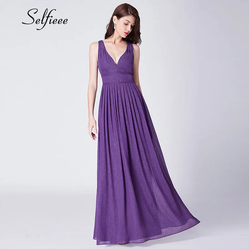 

New Purple Party Dresses Women Evening Elegant A Line V Neck Backless Sparkly Long Chiffon Dress Summer Beach Maxi Dress Ladies