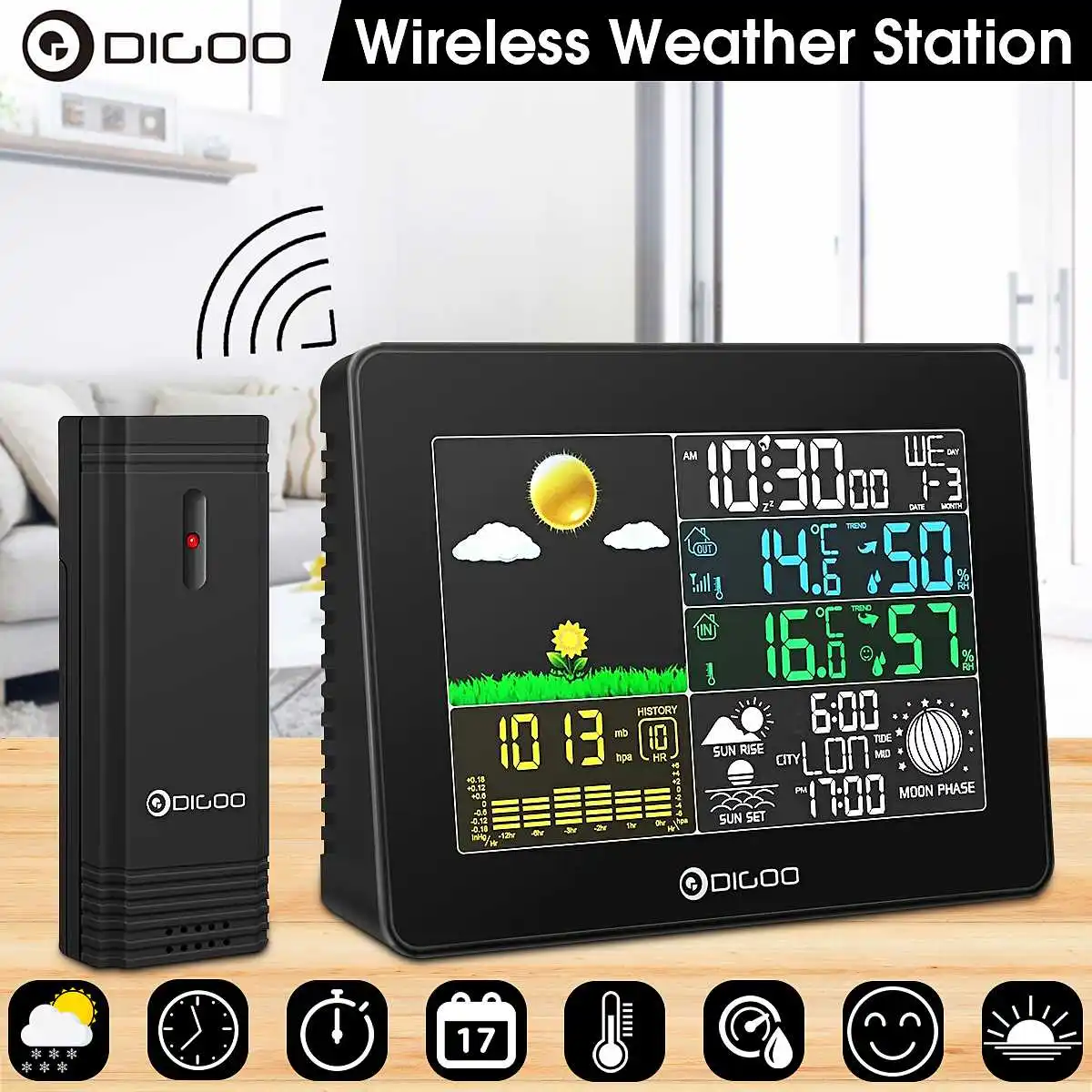 Digoo Digital Temperature Humidity Outdoor Thermometer Wireless Big Screen Colour Weather Station Forecast Sensor Alarm Clock