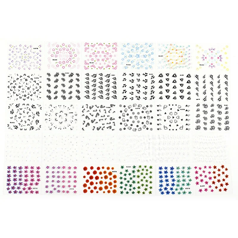 

Blueness 30Sheet/lot Colorful Floral 3D Nail Manicure Supplies Decals Nail Art Stickers Mixed Design Transfer Decorations JH177