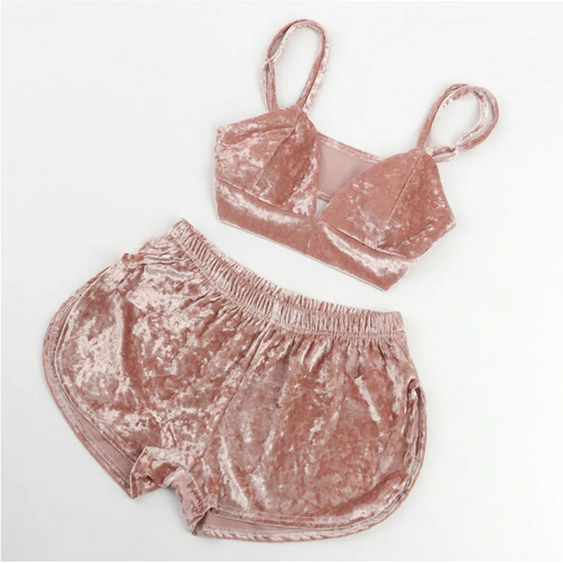 

Sexy Lingerie Pajama Sets Women Velvet Outfits Babydoll Nightgown Sleepwear Crop Tops Pants Casual Clothes Set