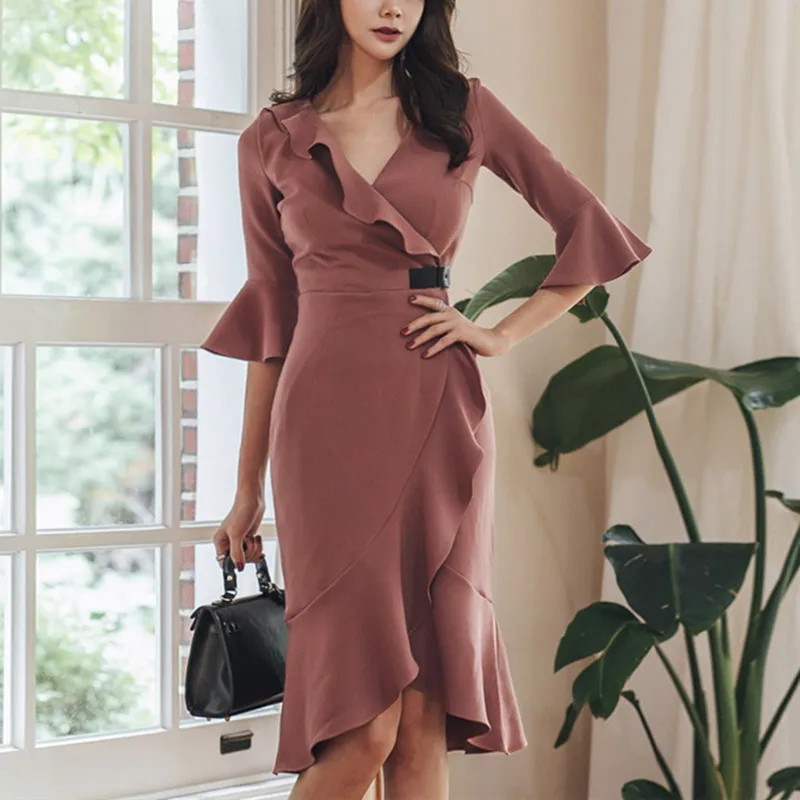 

Autumn Winter Dress New Women Elegant Ruffle V-neck Slim Work Office Lady Formal Party Dress Spring