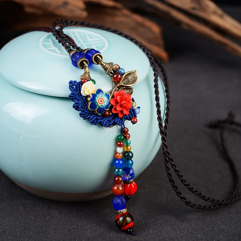 

China Traditional Jewelry Vintage Bronze Flower Pendant Necklace Women Colorful Beads Drop Long Braided Rope Necklace