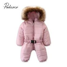 Новинка года, Брендовое От 0 до 3 лет пуховое пальто для новорожденных девочек и мальчиков комбинезон, зимний теплый комбинезон на молнии с капюшоном и мехом, комбинезон с эластичной талией, верхняя одежда