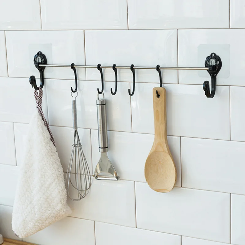 

Kitchen Wall 7 Row Sticky Hooks Free Punch Wall Hanging Rack Load-bearing Seamless Adhesive Slideable Hooks Bathroom Organizer